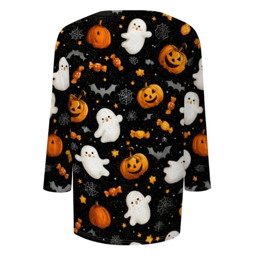 Image of Women Spooky Halloween Graphic Shirt 3 /4 Length Sleeve Crewneck Top | Halloween Funny Printed Pumpkin Plus Size Tshirts 2026 Fall Outfits Skeleton Tee Going Out Tops