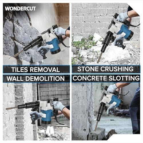 Image of WONDERCUT WC-DHP-005-B Demolition Hammer with 35mm Cylinder, 100% Copper, 15J Force | 1200 Watts, 3600 BPM with 2Pcs 17mm Hex Chisels,Spanner & BMC Box | Concrete & Masonry Breaker |Blue & Black