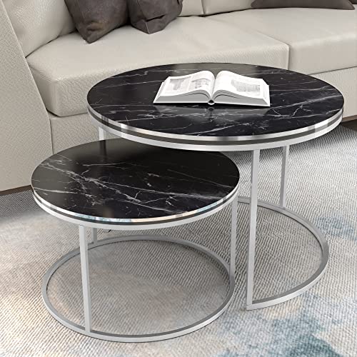 [en.casa] Couchtisch 2er Set Skagen Wohnzimmertische Beistelltische rund Satztisch Metallgestell Marmoroptik, schwarz/Silberfarben