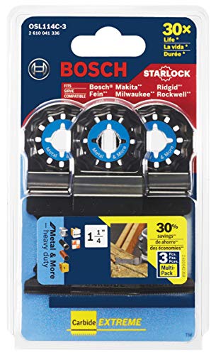 Bosch Starlock Carbide Oscillating Tool Blades, Multi Tool Blades for Cutting Iron Bar, Metal, Wood with Nails, Drywall and Tile; 3-Pack, 1-1/4“ Width (OSL114C-3)