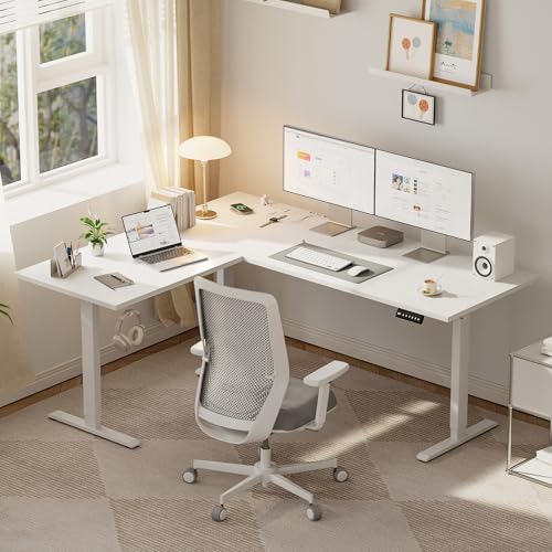 Image of Agilestic Electric L Shaped Standing Desk 75 x 61 Inch with Power Outlet, Height Adjustable Corner Stand up Desk with Cable Management,Sit Stand Home Office Workstation with Splice Board, White