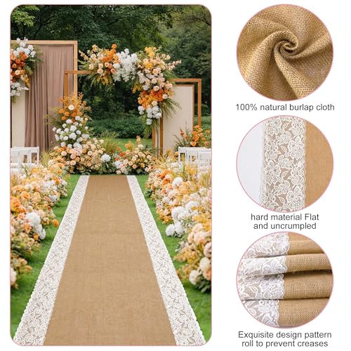 Image of 30Ftx36 in Natural Burlap Wedding Aisle Runner, Jute Weddings Runway Carpet | Rustic Ceremony Burlap Carpet Roll, Runway Carpet with Lace for Beach Garden Church Reception Craft Decoration