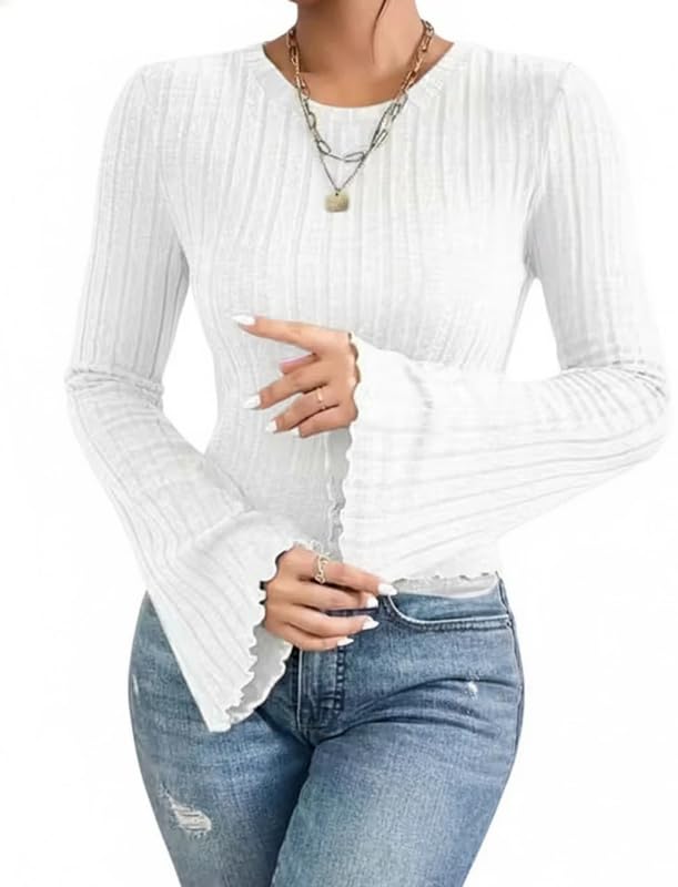 Women Ribbed Knit Top Round Neck Long Bell Sleeve Slim Fit Casual Season Sweater Stretchable Soft Base Layer Pullover Solid Texture Fashion Apparel for Girls-image-8
