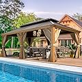 MELLCOM 12'x20' Hardtop Gazebo, Wood Grain Aluminum Frame Pergola with Galvanized Steel Roof, Outdoor Metal Gazebos with Curtains and Nettings for Patio, Backyard, Deck and Lawns