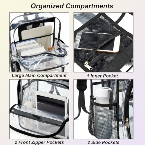 Image of gdbis Clear Backpack Heavy Duty, 17 inch Large PVC Transparent Bag with Reinforced Strap Stitches and Laptop Sleeve See Through Casual Backpack for Work Concert Travel Security - Black