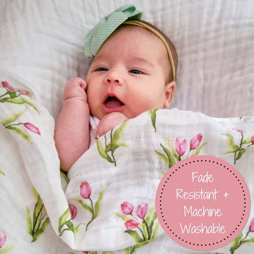 Image of LollyBanks Baby Swaddle Blanket, 100% Muslin Cotton Muslin Blankets for Girls, Large 47 x 47 Inches Soft and Breathable Swaddles for Newborns, Gentle Baby Wrap Swaddle, Registry (Tulip Print)