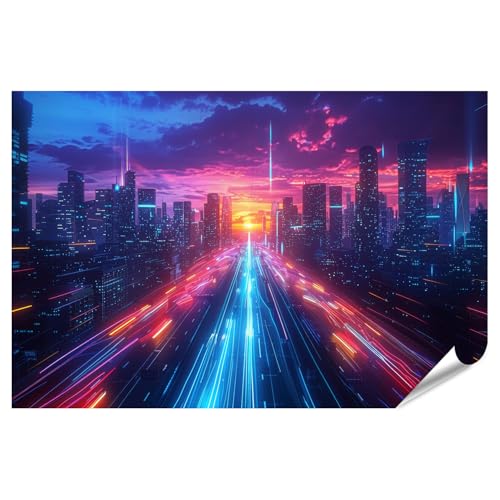 Ville futuriste néon poster XXL pour sublimer le design de votre salon moderne