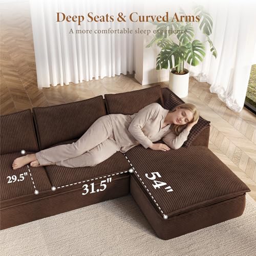 Image of Vesgantti 141.7 inch Oversized Modular Sectional Sofa, Modern 7 Seater Boneless Couch with Chaise and Ottoman, Deep Seat Plush Corduroy Cloud Style for Living Room, No Assembly Required,Brown