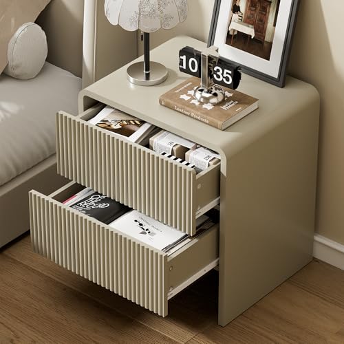 Image of Set of 2 Modern Curved Nightstand with 2 Drawers, Push-to-Open Wooden Bedside Table, Minimalist End Table for Bedroom, Beige