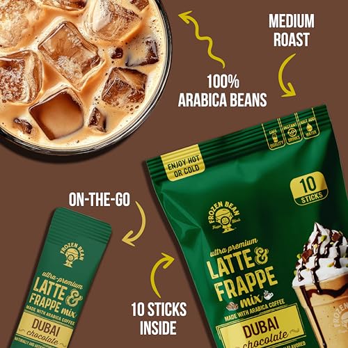 Image of The Frozen Bean Dubai Chocolate Frappe & Latte Instant Mix (10 Sticks), Made with Arabica Coffee, Double Shot Caffeine, Low Sugar & Premium Ingredients, Hot, Iced, or Blended Drinks