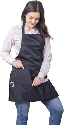Delantal negro de longitud completa con clip con 5 bolsillos y bolsa con cremallera, fácil de limpiar, ideal para servidores, cocina, limpieza,