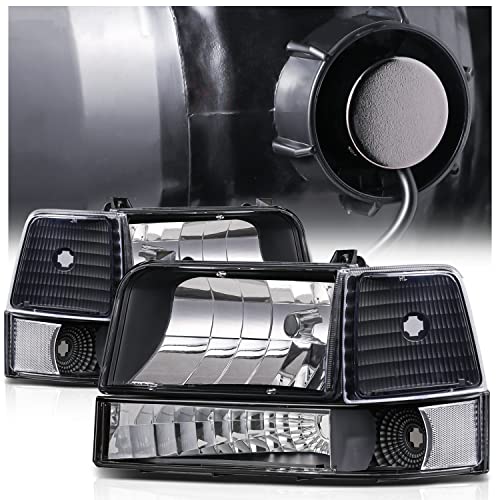 M-AUTO 6PC Headlights Headlamps Assembly w/ 2 PRE-ASSEMBLED 6000K LED BULBS Left+Right Compatible with 1992 1993 1994 1995 1996 Ford Bronco F-150 F-250 F-350 Pickup