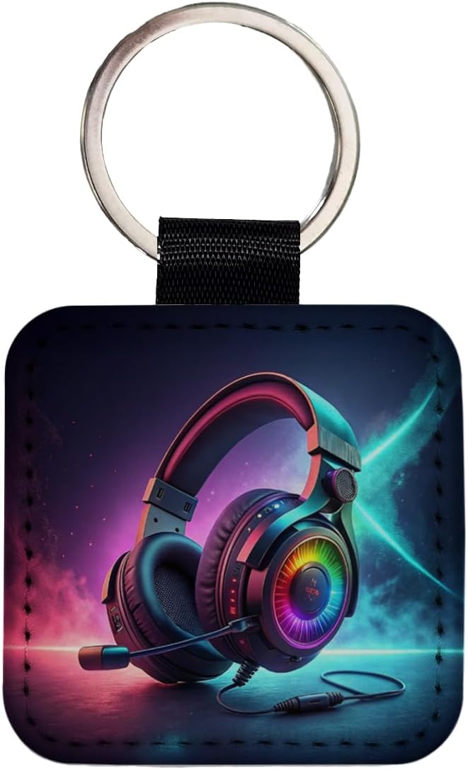 Computer Console Gaming Headphones Square Faux Leather Keychain