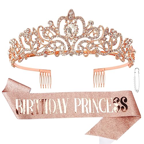 CIEHER Princess Crown and Birthday Sash Set - Tiara for Women, Girls Birthday Decorations and Gifts - Rose Gold