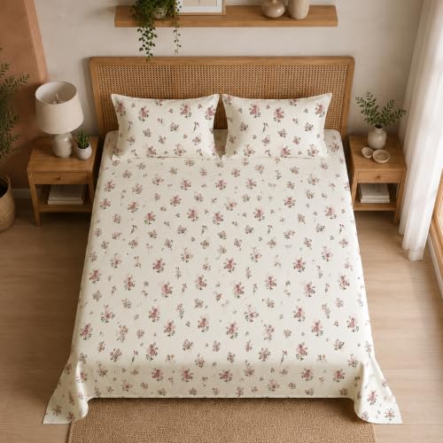 Image of HOMEMONDE King Size Bedsheet | Cotton Flat Sheet with Two Pillow Cover | 186 TC |Floral Design| All-Season Soft Bedsheet for King Bed (108 x 108 Inch /274 x 274 cm, Blush Garden)