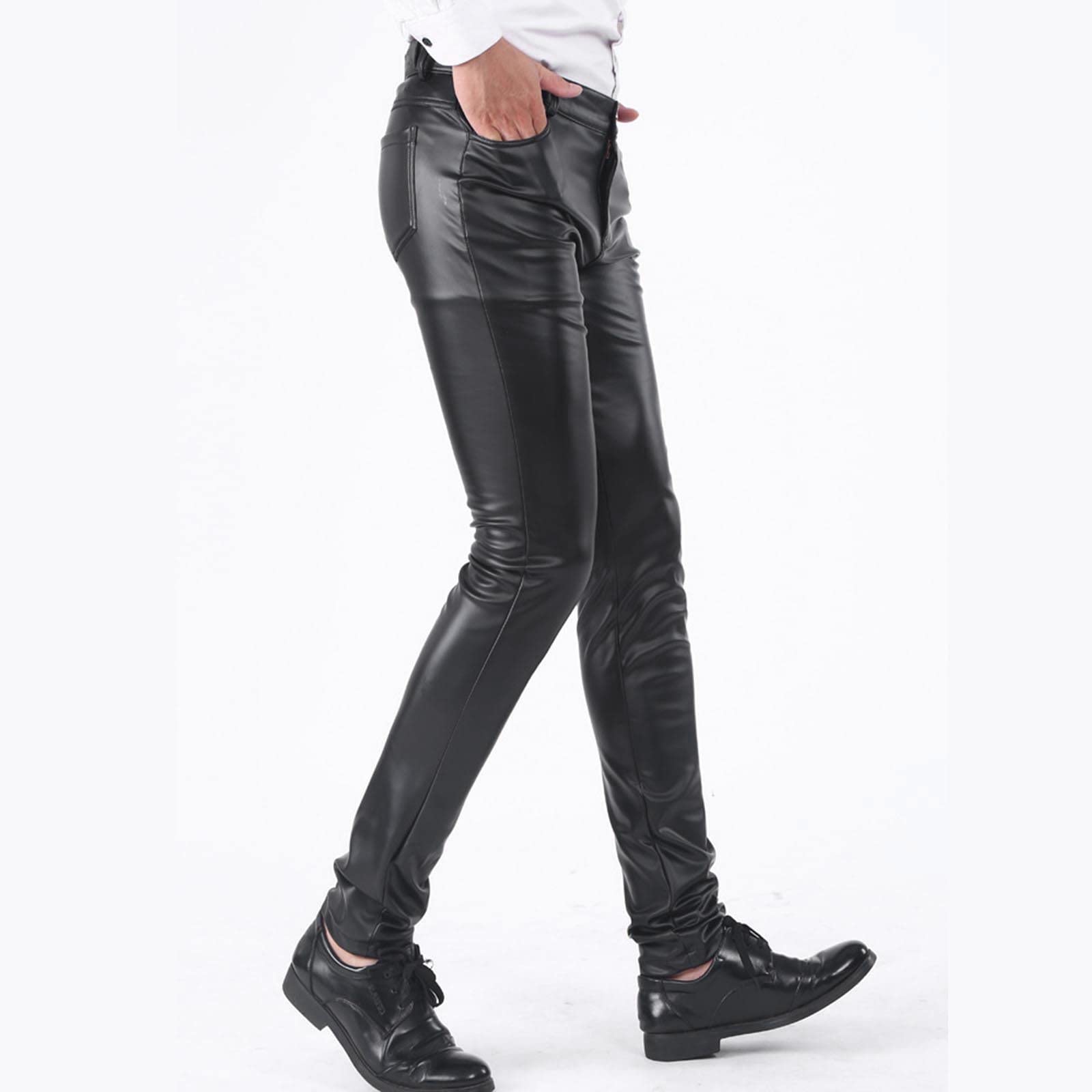 Pantalon en cuir pour homme - Noir - Sexy - En latex - Pour homme - Style punk stretch - Décontracté - Effet mouillé - Coupe ajustée - Pour les loisirs