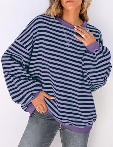 Image of UEU Women Oversized Striped Crewneck Sweatshirt Long Sleeve Color Block Pullover Tops Casual Loose Workout Shirt