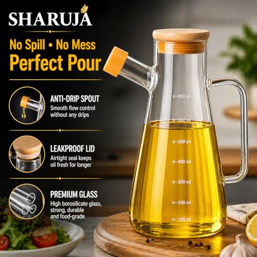 Image of Glass Oil Dispenser Bottle, Anti-Drip Spout, Leakproof Borosilicate Glass Oil Container with Measurement Markings for Kitchen, Olive Oil, Vinegar & Cooking (920, Milliliters)