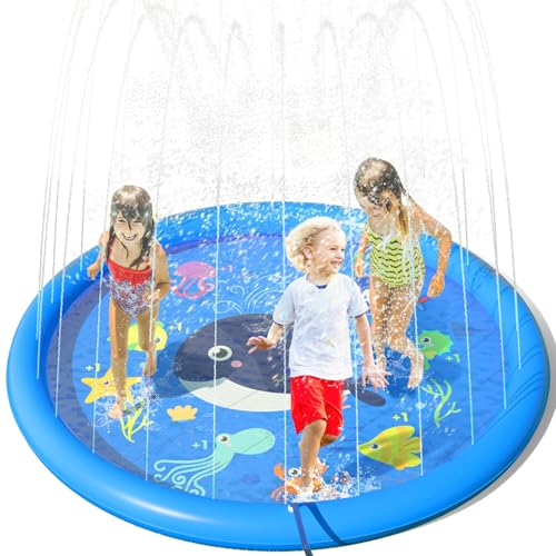 Peradix Tapis de Jet Deau Enfant, 170cm Tapis de Arrosage Jeux d'eau Piscine,Splash Sprinkle Play Pad Mat avec Jet Fontaine pour Enfant Adulte -Jouet...