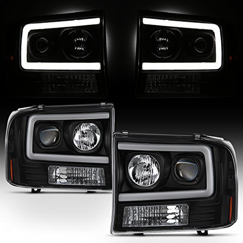 AKKON - For 99-04 Ford F250 F350 F450 F550 SuperDuty Pickup LED Tube Bar Black Projector Headlights Pair LH+RH