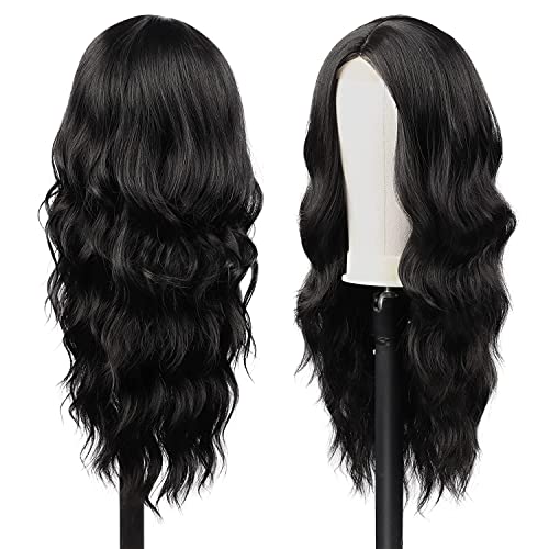Long Black Wavy Wig for Women 24 Inch Middle Part Curly Synthetic Hair Natural Looking Heat Resistant Fiber for Daily Party Use (Black) - Image 3