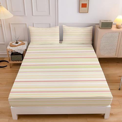 Sábana Bajera Ajustable 3 Piezas 105x190cm, Estampado Simple Rayas Juegos de Cama, Clásico Líneas Microfibra Transpirable 30 cm de Profundidad con 2 Fundas de Almohada, Amarillo Claro