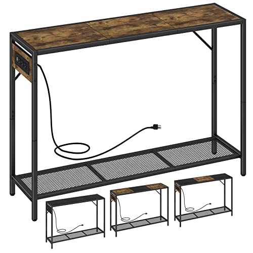 Laatooree 41.7" Console Table With Power Outlet, Two-Color Diy Entryway Table, Industrial Narrow Sofa Table With Metal Mesh Shelf For Hallway, Foyer, Living Room, Corridor #TOP15