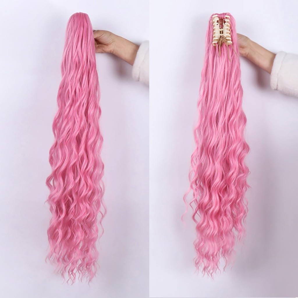 Super Long 80cm Thick Ponytail Extension Synthetic Loose Wavy Claw Clip in High Ponytail for Women Seamless Fake Full Pony Tail Hairpiece (Pink) - Image 4