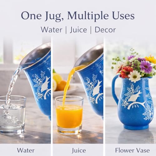 Image of iHandikart Handpainted Stainless Steel Water Jug| Decorative Steel Pitcher for Water, Juice & Milk | Floral Design Serving Jug for Kitchen, Dining & Home Decor | 8 x 6 Inch Multicolor