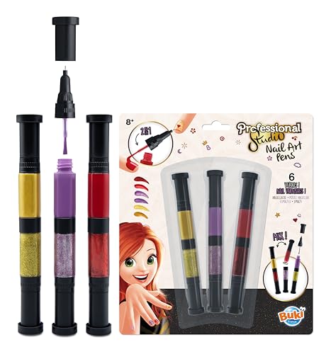 BUKI PS101 - Set de esmaltes de uñas con bolígrafos para niñas Desde 8 años – 3 Colores Dobles (Rojo, Dorado y Violeta con Purpurina)