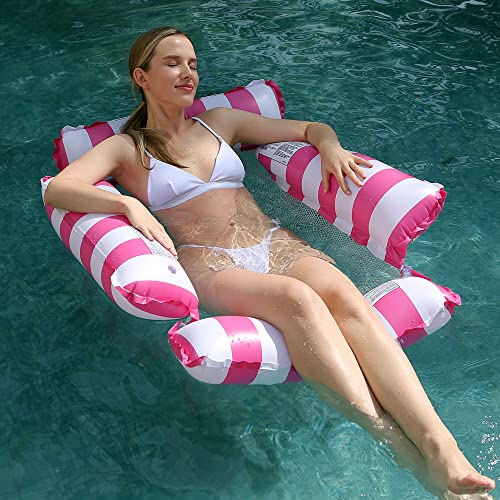 Inflatable Pool Float Chair Lounge for Adults and Kids Floating,Stripe Pattern Float Hammock for Pool Party Summer Water Fun (Pink)