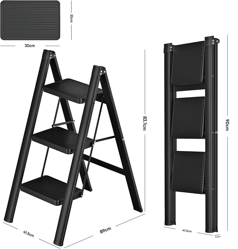 Image of Folding 3 Step Steel Step Ladder - Black Modern Style Foldable Stool with Wide Anti-Slip Pedals - Heavy-Duty Portable Step Ladder for Home, Kitchen, Garage Use (1Pcs)
