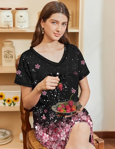 Image of Ekouaer Nightgowns for Women Short Sleeve Sleep Shirts V Neck Nightshirts Soft Sleepshirt Caual T Shirt Sleepdress