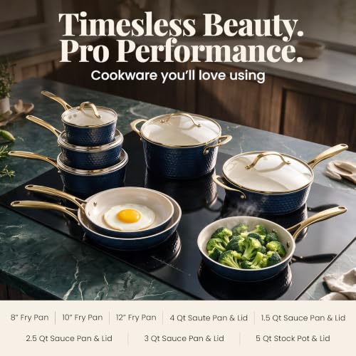 Image of GOTHAM STEEL Hammered 13Pc Pots and Pans Set Non Stick Ceramic Cookware Set