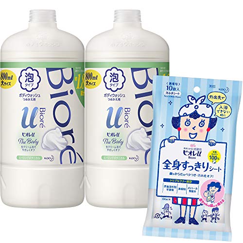 ビオレu ザ ボディ 〔 The Body 〕 泡タイプ ヒーリングボタニカルの香り つめかえ用 800ml×2個 + 全身すっきりシート 10枚入 ボディソープ 清々しいヒーリングボタニカルの香り 透明 800ミリリットル (x 2)