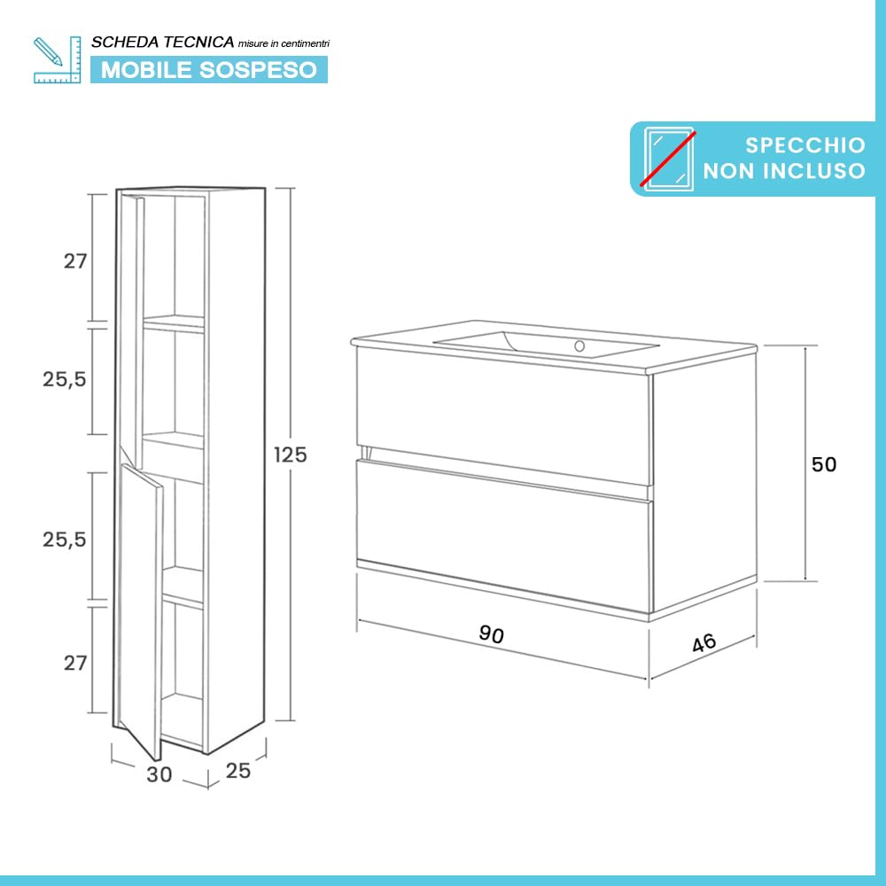 Inbagno Mobile Bagno Sospeso 90 cm Rovere Bianco – Composizione Con Lavabo In Ceramica, 2 Cassettoni Soft-Close E Pensile Colonna 125 cm – Linea Nadia