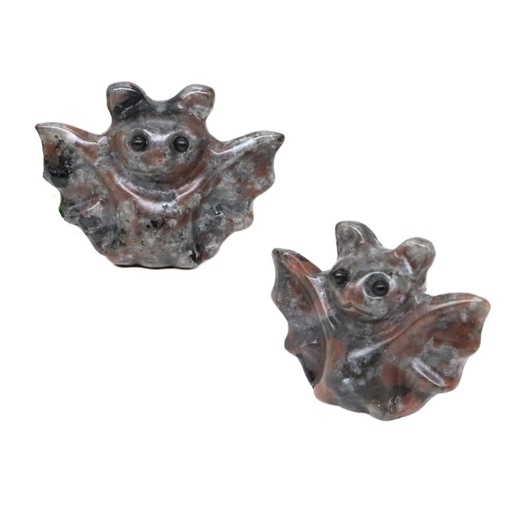 HUFFA 2pcs 1.6'' Hand Carved Rose Quartz Bat Statue - Natural Crystal Animal Figurine for Home Decoration and Meditation(Flame Stone)