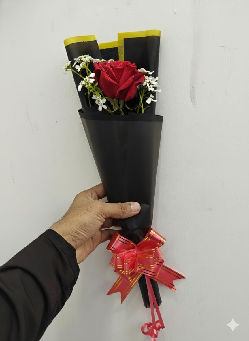 Real Single Red Rose with Korean Sheet Wrapping, Small Bouquet Gift for Loved Ones, Live Flower Bunch-image-40