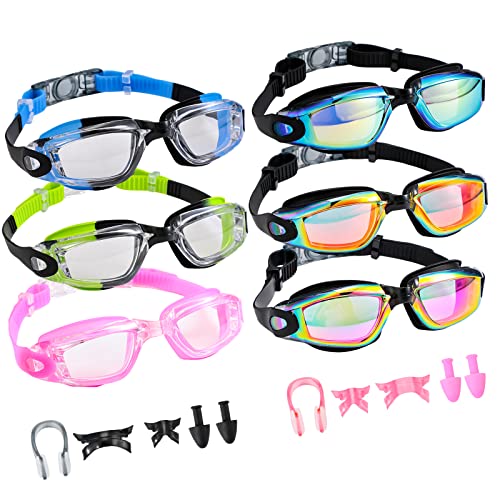 Kanayu 6 Pairs Swimming Goggles Pack No Leaking Swim Glasses with Nose Bridge Nose Clip Earplugs Anti Fog Full Protection Pool Goggles Swimming Goggles for Adult Men Women Youth