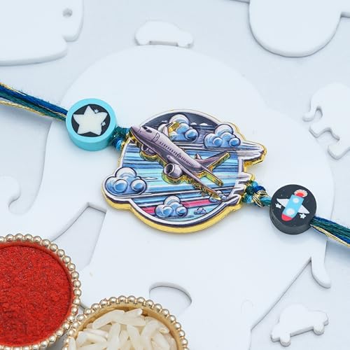 Image of eCraftIndia Aeroplane Design Rakhi for Kids Girls Boys with Best Bro Ever Fridge Magnet | Raksha Bandhan Fridge Magnet Kids Rakhi for Brother Bhaiya Bhai | Roli Chawal Pack