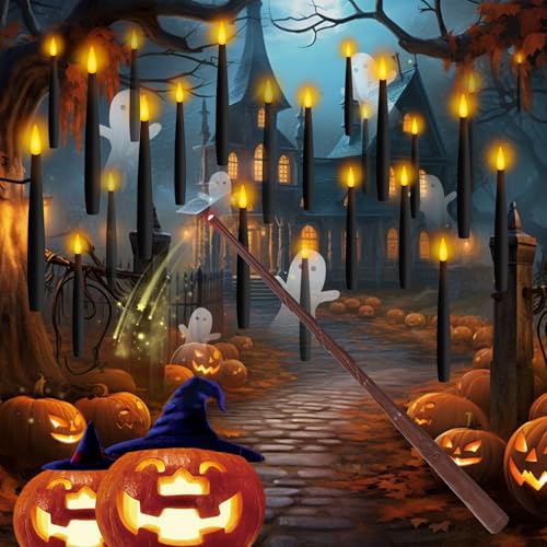 Image of 20 Pcs Floating Candles with Wand Remote Timer for Halloween Decor - Black