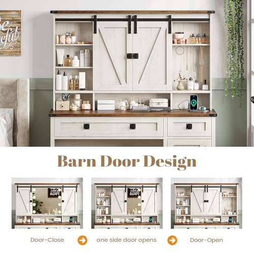 Image of AOGLLATI Makeup Vanity with Lights & Barn Doors, Vanity Desk with Mirror and Lights & Charging Station, Farmhouse White Vanity Table with Jewelry Hooks and Open Storage Shelves