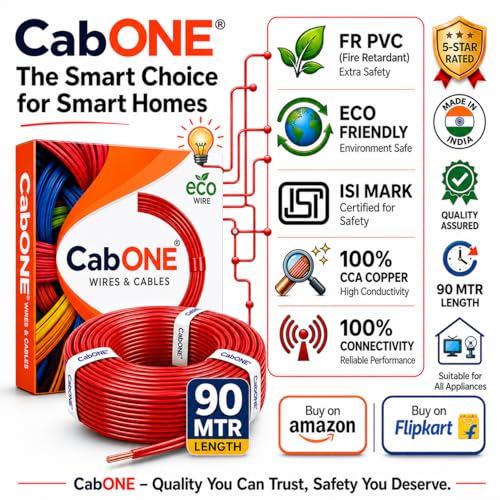 Image of CabONE 1.0 SQ.MM FR PVC Insulated Copper Electrical Wire, 90 Meter (Red, Pack of 2) | ISI Marked Fire Retardant Single Core Cable for Home Wiring
