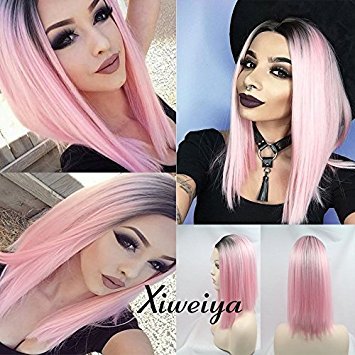 Heat Resistant Fiber Hair mermaid dark root ombre black to pink bob Synthetic lace front wig for women with heat resistant fiber