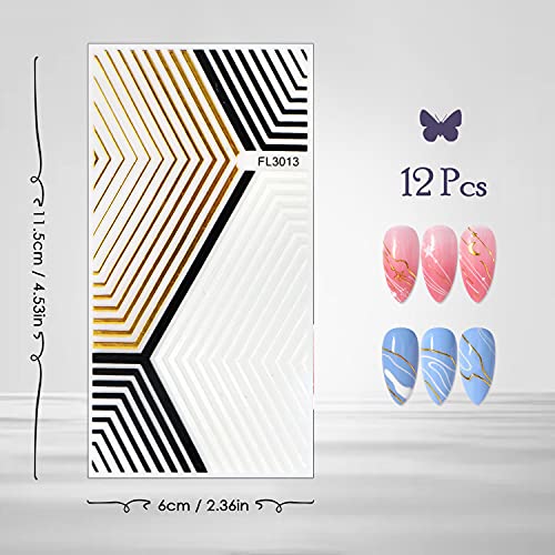 Nagelsticker Linienmuster, Nail Art Stickers, 12 Blatt Gold Nail Art Sticker, 3D Design Nagel Stickers, Selbstklebende… – Bild 3