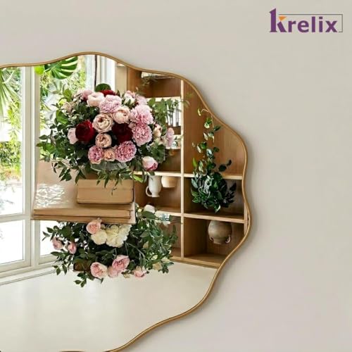 Image of 18 x 18 Inch Gold Irregular Wall Mirror - Modern Asymmetrical Design with Plastic Frame, Decorative Wall Mirror for Living Room, Bathroom, Bedroom & Entryway (Gold, Wave Round)
