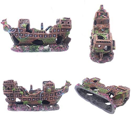 Image of Ulifery Aquarium Shipwreck Sunken Pirate Ship, Fish Tank Decorations Battleship War Boat for Betta Extra Large XL for 55-75 Gallon Tank