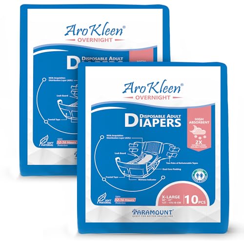 Image of AROKLEEN 2X Overnight 20 Count Adult Diapers Tape Style | Extra Large Size (XL) | Waist Size 127-170 Cm (50 inch- 67 inch) | 16 hr Absorption Protection | Unisex | Leak Proof | Wetness Indicator- Pack of 2