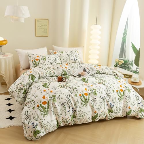 ECOCOTT 3 Pieces Floral Duvet Cover Sets King Size,100% Natural Cotton Floral Pattern 1 Duvet Cover with Zipper and 2 Pillowcases, Ultra Soft and Easy Care Breathable Cozy Simple Style Bedding Set