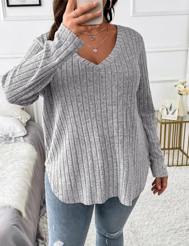 Image of Koscacy Women Plus Size Casual Knit Sweater V Neck Solid Color Tops Lightweight Long Sleeve Blouses